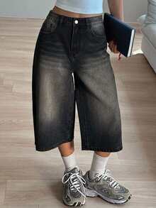 Livesso Tall Women's Loose Straight Leg Street Casual Cropped Denim Jeans - Black - View 3