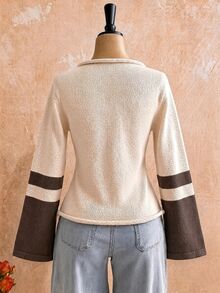 Soleia Plus Size Autumn/Winter Casual Colorblock Patchwork Sweater - Apricot - View 2