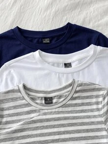 Tseoso 女款 3 件組 95% 棉圓領短袖修身 T-shirt – 黑色、白色與灰色條紋 - 彩色 - 查看 4