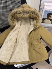 女嬰可愛百搭秋冬卡其色保暖內裡連帽外套 - 卡其色 - 查看 5