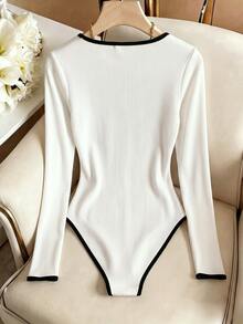 SHEIN LUNE Women's Trim Square Neck Long Sleeve Casual Bodysuit - Multicolor - View 2