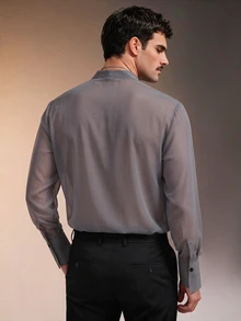 ZURIURI Men's Sheer Sexy Casual Shirt With Ribbon - Grey - View 2