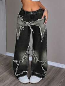 SHEIN Tall Women's Tall Fit Frayed Hem Star Wash Denim Jeans - Black - View 4