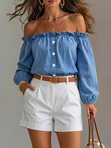Everyssa New French Style Off-Shoulder Petal Sleeve Denim Top - Blue - View 1