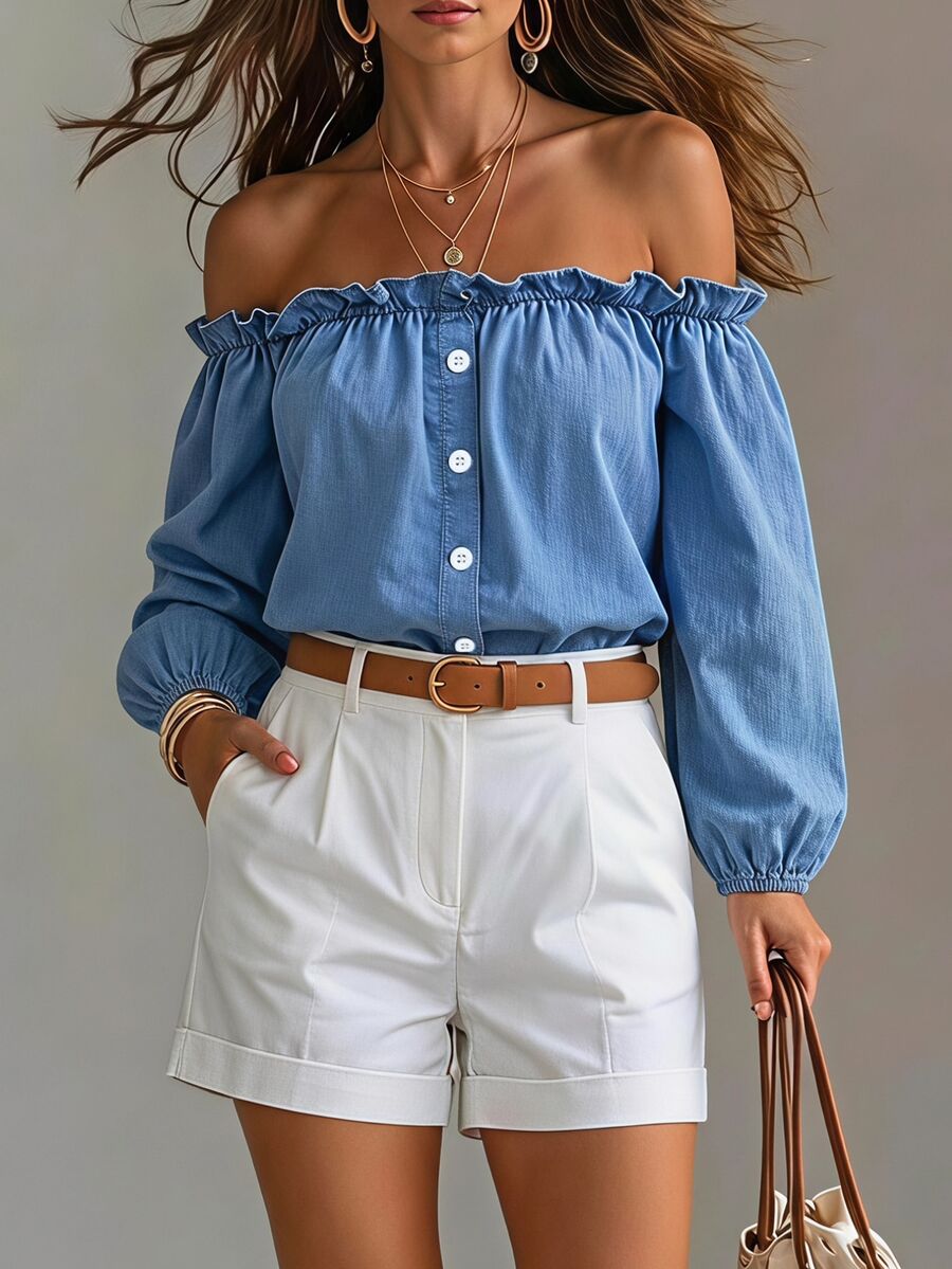 Everyssa New French Style Off-Shoulder Petal Sleeve Denim Top - Blue - View 1