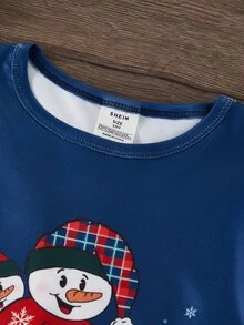 SHEIN 青少年男孩秋冬聖誕睡衣 2件組 修身款長袖短褲 印花雪人 - 藏蓝色 - 查看 4