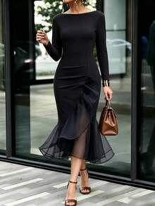 SHEIN Women's Autumn/Winter Ruffle Long Sleeve Fishtail Hem Dress With Mesh Patchwork Design, Elastic Knit Fabric, Elegant Party Dinner Bar Dress - Black - View 9