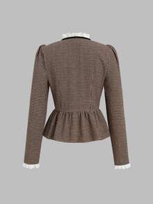 Sweetra Vintage French Houndstooth Jacquard Wool Short Jacket With Ruffle Hem, Feminine Girl Style, Cinched Waist, Puff Sleeves, Delicate White Embroidered Lace Trim, Velvet Bow Decor, Classic Versatile For Dates, Outings And Light Office Commute, Women's Woolen - Mocha Brown - View 2