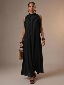 Zivah Women's Solid Color Patchwork Ruffle Halter Neck Dress For Vacation - Black - View 9