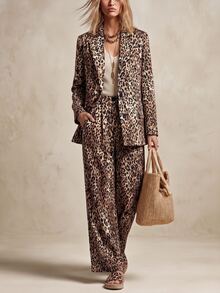 SHEIN LUNE Women's Vintage Leopard Print Long Sleeve Blazer And Pants 2 Pieces Set - Multicolor - View 6