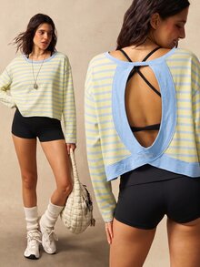 VARSIVA Women's Striped Back Cutout Drop Shoulder Long Sleeve Sports T-Shirt - Multicolor - View 1