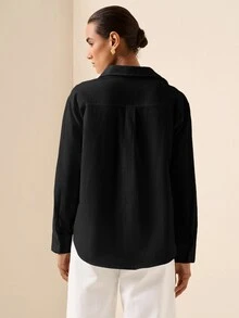 Briarwyn 女款刺繡時尚單排扣長袖上衣，適合日常穿著 - 黑色 - 查看 7