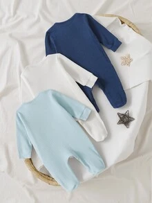 SHEIN 3件組新生兒男嬰針織柔軟羅紋刷毛親膚舒適面料隱形拉鍊多巴胺配色連身長袖包腳連身衣休閒舒適熱銷睡衣居家服 - 淺藍色 - 查看 3