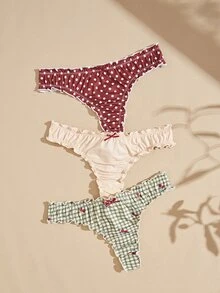 Lullawish Women's Plaid & Polka Dot Print Knit Thong Panties 3-Pack - Multicolor - View 6