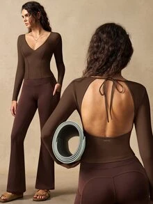 VARSIVA 女款純色露背綁帶長袖運動休閒上衣 T-shirt 健身運動衫 棕色 秋季 - 棕色 - 查看 12