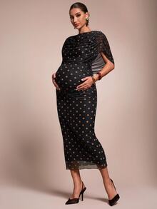MaterniChic Elegant Polka Dot Print Maternity Summer Dress - Brown - View 5