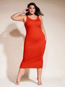SHEIN BASICS 大尺碼純色貼身休閒晚餐約會洋裝 夏季女款優雅連身裙 - 亮橙色 - 查看 2