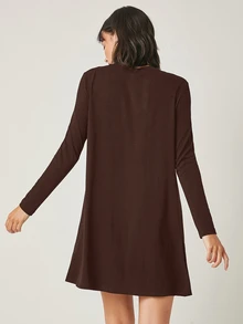 SHEIN BASICS 純色T恤洋裝/秋季女款日常居家深棕色休閒穿搭 - 棕色 - 查看 2