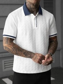 Manfinity Homme 男士時尚休閒短袖 Polo 衫，男士針織提花上衣，圖案短袖 Polo 衫，復古風格，日常休閒 - 白色 - 查看 5
