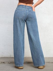 Jeanoix Petite Y2K Women's Outdoor All-Season Commute Fashion Blue Wide Leg Jeans - Light Wash - View 2