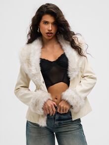 Aloruh Women's Autumn/Winter Fashion Fuzzy Patchwork Regular Coat - Beige - View 5