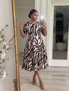 SHEIN Lady CURVE Plus Size Women's All-Over Print Casual Party Dress - Brown - View 6