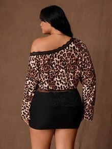 Rustia Plus Size Elegant Fashion Asymmetrical Neckline Lace Patchwork Leopard Print Long Sleeve T-Shirt, Autumn/Winter Fall - Multicolor - View 2