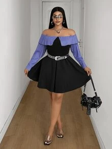 Maweii Spring Autumn Winter Plaid Patchwork Knit Fabric Waist-Cinched A-Line Ruffle Hem Elegant Sexy Black Plus Size Women's Knee-Length Dress Night Fall - Black - View 5