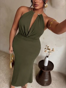 Firerie Plus Size Sexy Draped Neck Backless Summer Dress - Army Green - View 4