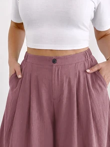 Shapeblank Plus Size Women's Solid Color Waist Button Design Wide Leg Casual Pants - Red Violet - View 5
