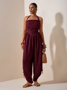 Zivah Women's Solid Color Pleated Side Drawstring Design Halter Neck Jumpsuit - Burgundy - View 14