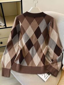 GlowEve CURVE Plus Size Women's Diamond Pattern Polo Collar Long Sleeve Casual Pullover Sweater Winter - Coffee Brown - View 5
