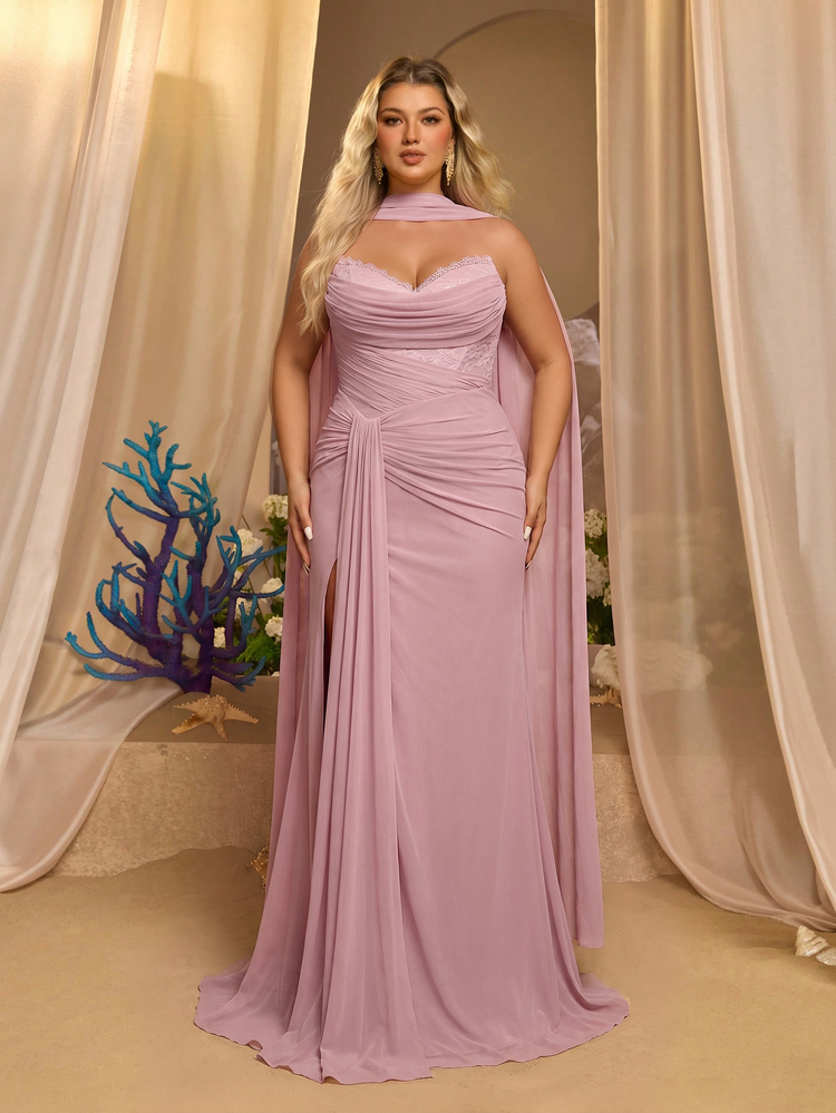 Glamrae Plus Size Elegant Luxurious Sequin Lace Embroidered Patchwork Elastic Knit Mesh Off-Shoulder Sleeve Oversized Flare Wedding Event Bachelorette Party Vacation Dance Party Holiday Gathering Evening Gown (Heavy Workmanship) - Pink - View 4