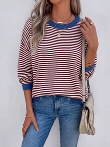 EMERY ROSE Áo len dệt kim tay dài vai trễ họa tiết kẻ sọc phối viền tương phản cho mùa thu/đông - Đỏ - Xem 1