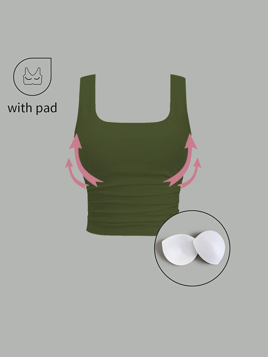 SHEIN Unity 女款純色方領百褶休閒修身背心 - 墨綠色 - 查看 1