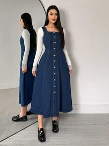 Flexra Early Autumn French Casual Sleeveless Denim Dress, 3D Stitching V-Neck Waist-Cinching Button-Front Vest Dress, Layering Outerwear Slimming Versatile Daily Travel Artistic Style Denim Dress - Dark Wash - View 5