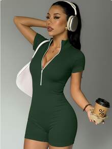 SHEIN Sports Women's Short Sleeve Zipper Front Athletic Romper - Fresh Green - View 3