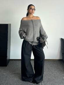 POPSWAY Plus Size Women's Off-Shoulder Long Sleeve Zipper Front Knit Cardigan Fall - Grey - View 1