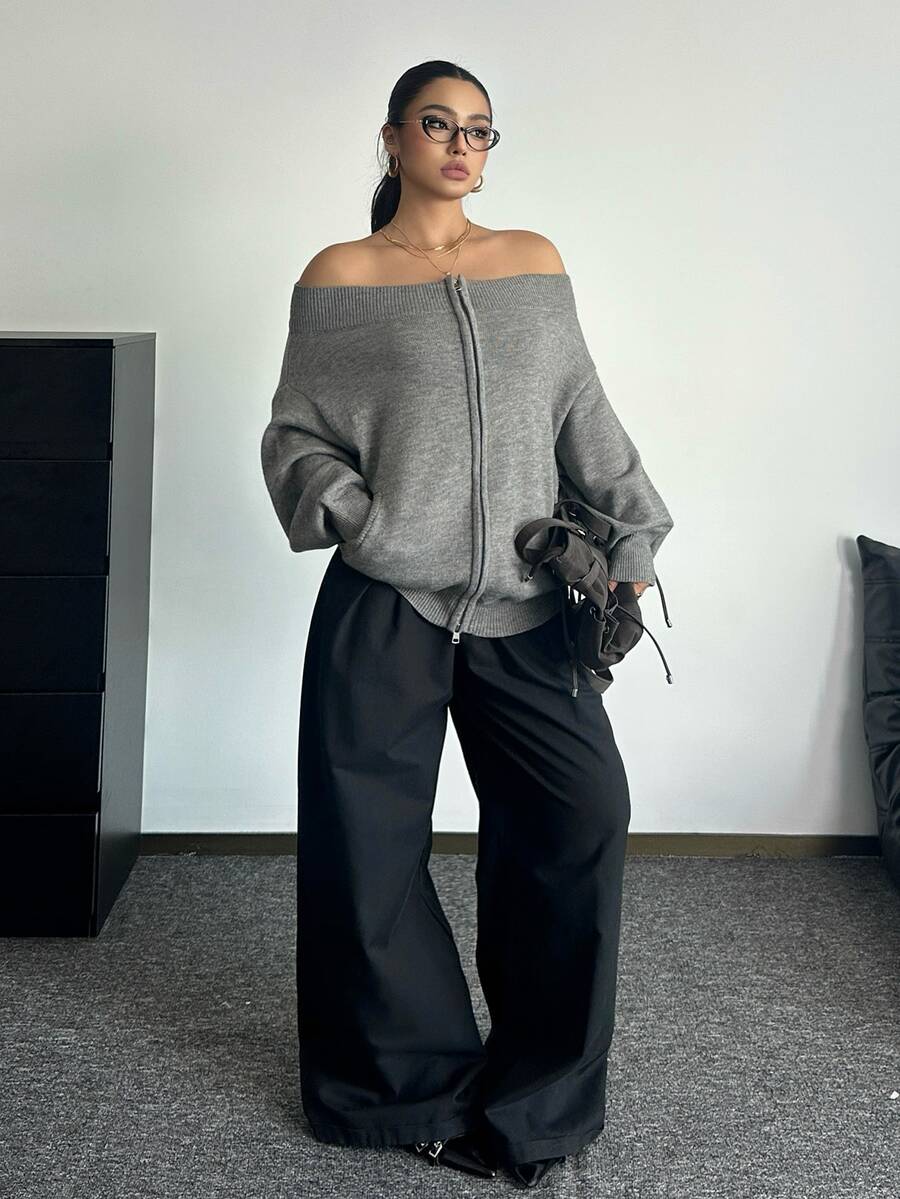 POPSWAY Plus Size Women's Off-Shoulder Long Sleeve Zipper Front Knit Cardigan Fall - Grey - View 1