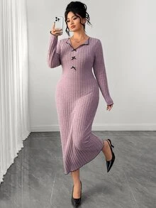 SHEIN Elenzya Plus Size Sexy Elegant Knit Bodycon Ribbed Long Sleeve Bow Collar Contrast Color Dress Fall - Pink - View 6