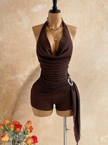 Soleia Women's Casual Brown Jumpsuit Summer Set, Paired With Gold Accessories, Suitable For Vacation, Beach Holiday And Other Occasions. - Brown - View 3