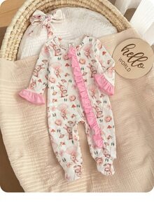 SHEIN Newborn Baby Cute Rabbit Print Ruffle Trim Romper Loungewear - Pink - View 9