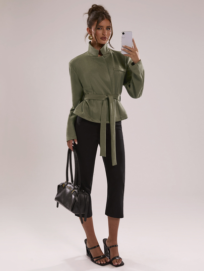 SHEIN BAE Women's Solid Color Stand Collar Long Sleeve Waist Tie Blazer