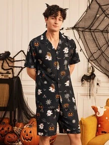 Provexi Provexi Men's Fun Halloween Pattern Print Lapel Collar Button-Down Short Sleeve Shorts Pajama Set - Multicolor - View 7