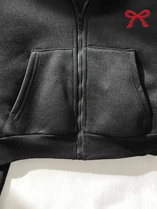 SHEIN 兒童青少年女孩寬鬆極簡風時尚街頭連帽衛衣 秋季外套 開學穿搭 - 黑色 - 查看 5