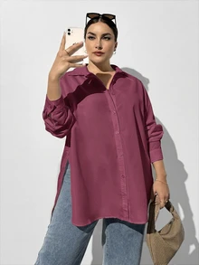 SHEIN Essnce 大尺碼休閒百搭純色側開衩襯衫 秋季 - 中紫紅色 - 查看 6
