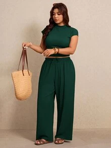 Elaquor Plus Size Women Solid Color Pleated Top And Pants Casual Everyday 2 Pieces Set - Dark Green - View 5