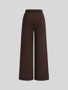 Sweetra Women's Autumn/Winter Brown Ribbed Knit Metal Starfish Decor Twisted Short Sleeve Slim Fit Top + Straight Leg Pants 2-Piece Set, Casual Cute Versatile For Outings, Dates And Daily Wear - Brown - View 4