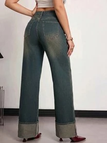 SHEIN PETITE 小碼女款復古高腰寬鬆寬腿牛仔褲 女教師穿搭 - 深色水洗藍 - 查看 2