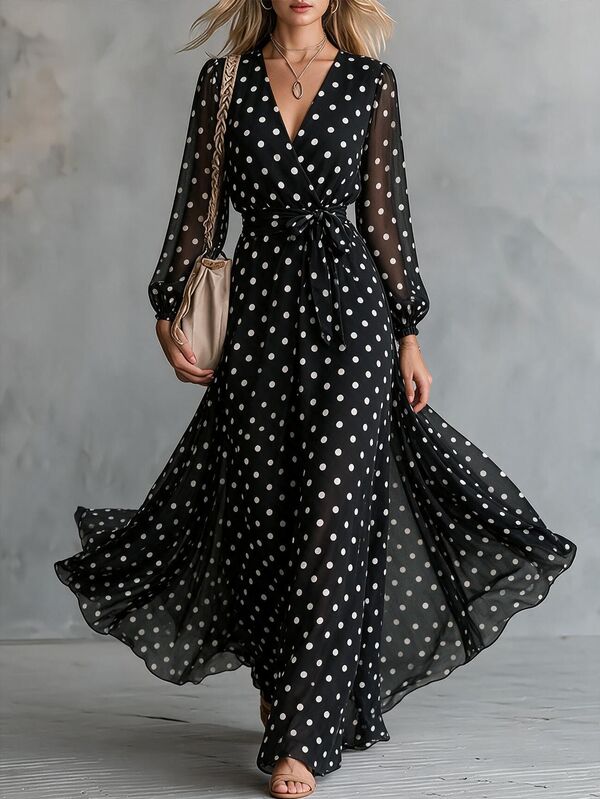 SHEIN Women's French Style Black & White Polka Dot Dress, V-Neck Tie Waist Lantern Long Sleeve Chiffon Full Skirt Dress, Party Outfit